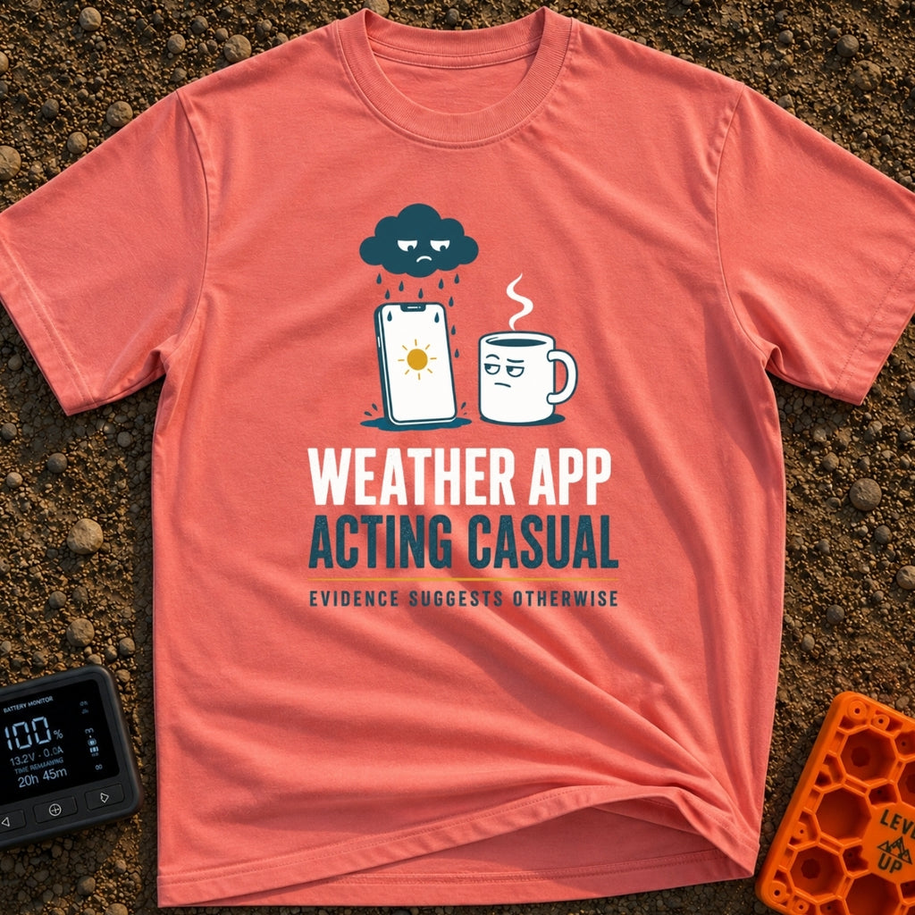 Weather App Acting Casual - T-Shirt in Watermelon - A grumpy cartoon rain cloud pours rain onto a smartphone displaying a...