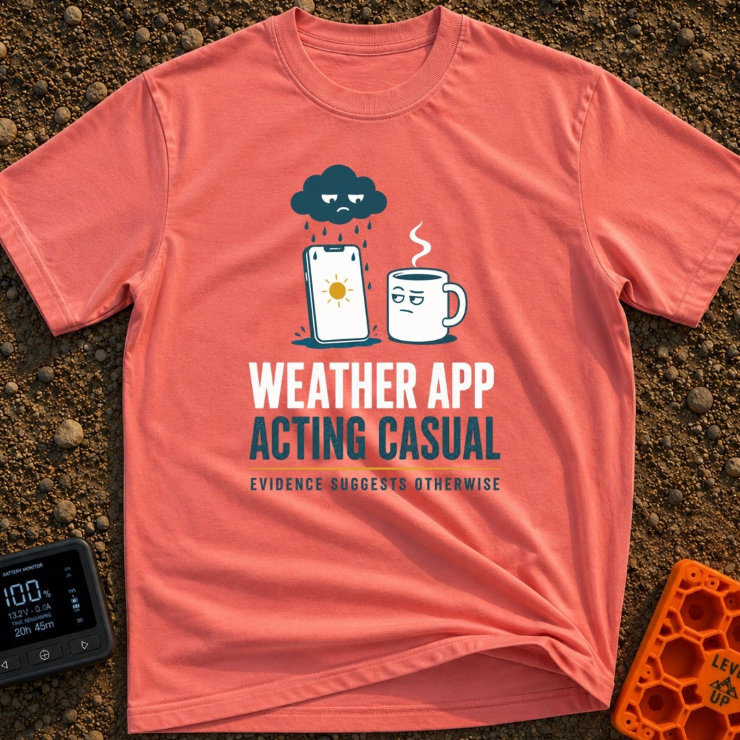 Weather App Acting Casual - T-Shirt in Watermelon - A grumpy cartoon rain cloud pours rain onto a smartphone displaying a...