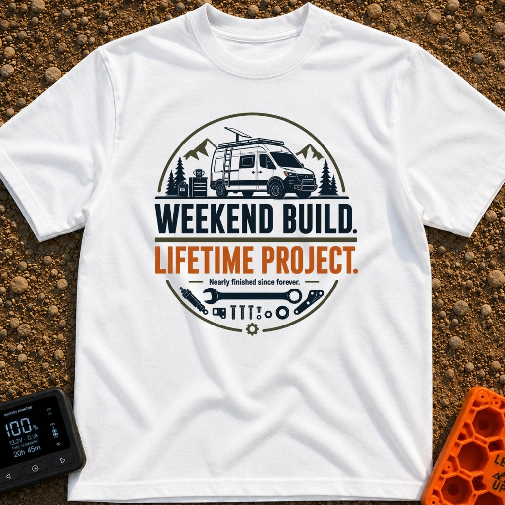 Lifetime Weekend Build - T-Shirt in White - A circular graphic showing a white camper van parked near pine trees and...