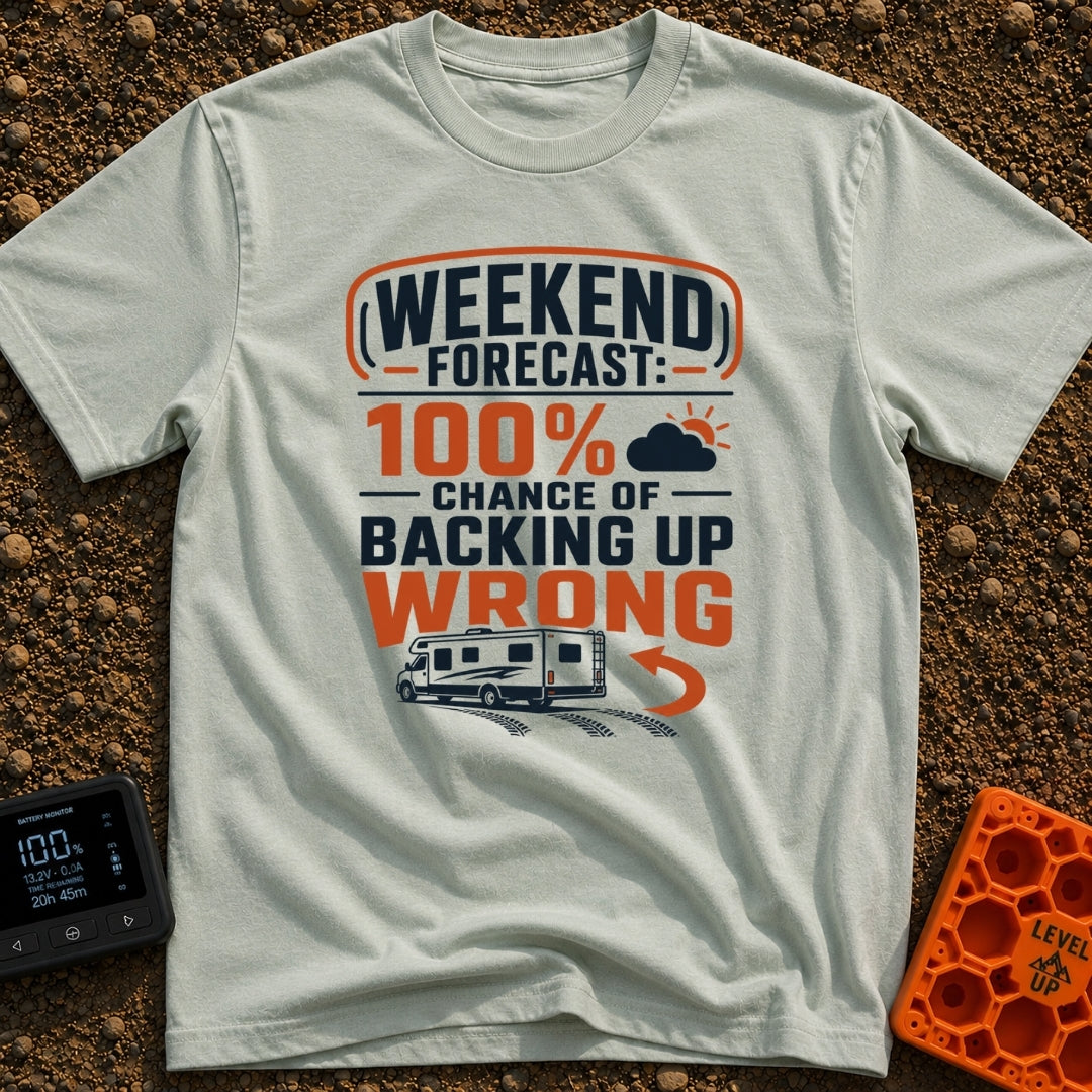 Forecast Backing Up Wrong - T-Shirt in Bay - A graphic design featuring a Class C motorhome driving in reverse, indicated...