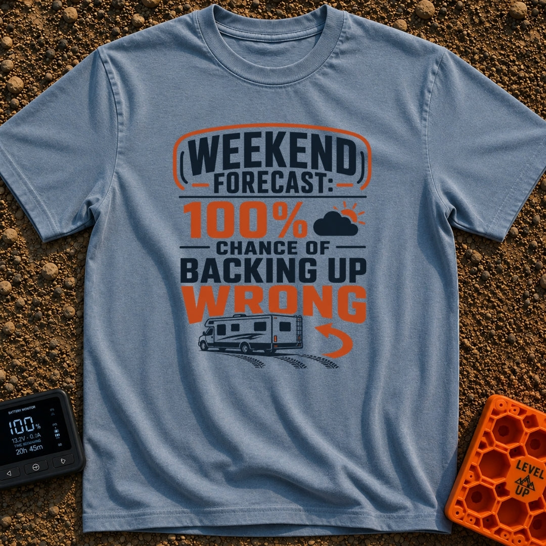 Forecast Backing Up Wrong - T-Shirt in Blue Jean - A graphic design featuring a Class C motorhome driving in reverse,...