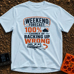 Forecast Backing Up Wrong - T-Shirt in Chambray - A graphic design featuring a Class C motorhome driving in reverse,...