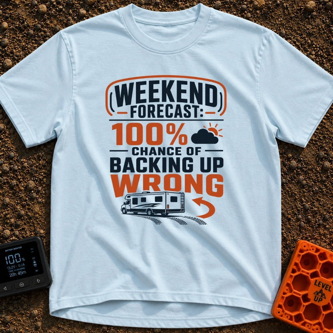 Forecast Backing Up Wrong - T-Shirt in Chambray - A graphic design featuring a Class C motorhome driving in reverse,...