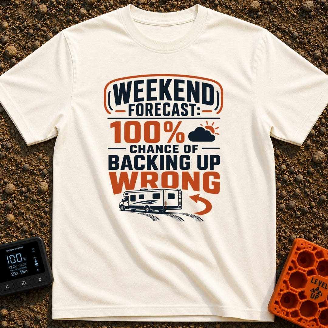 Forecast Backing Up Wrong - T-Shirt in Ivory - A graphic design featuring a Class C motorhome driving in reverse,...