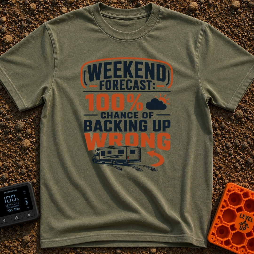 Forecast Backing Up Wrong - T-Shirt in Moss - A graphic design featuring a Class C motorhome driving in reverse,...