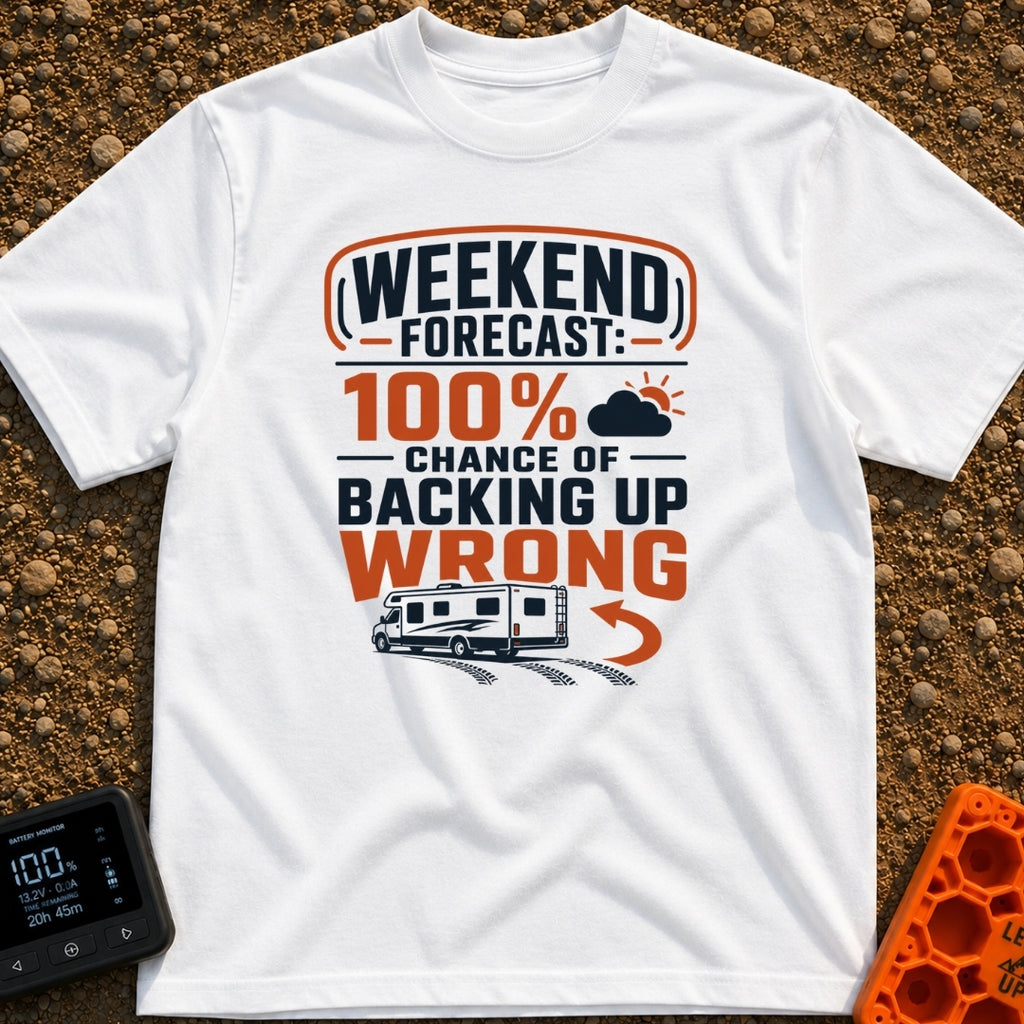 Forecast Backing Up Wrong - T-Shirt in White - A graphic design featuring a Class C motorhome driving in reverse,...