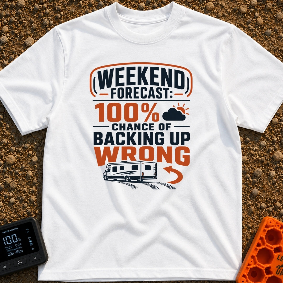 Forecast Backing Up Wrong - T-Shirt in White - A graphic design featuring a Class C motorhome driving in reverse,...