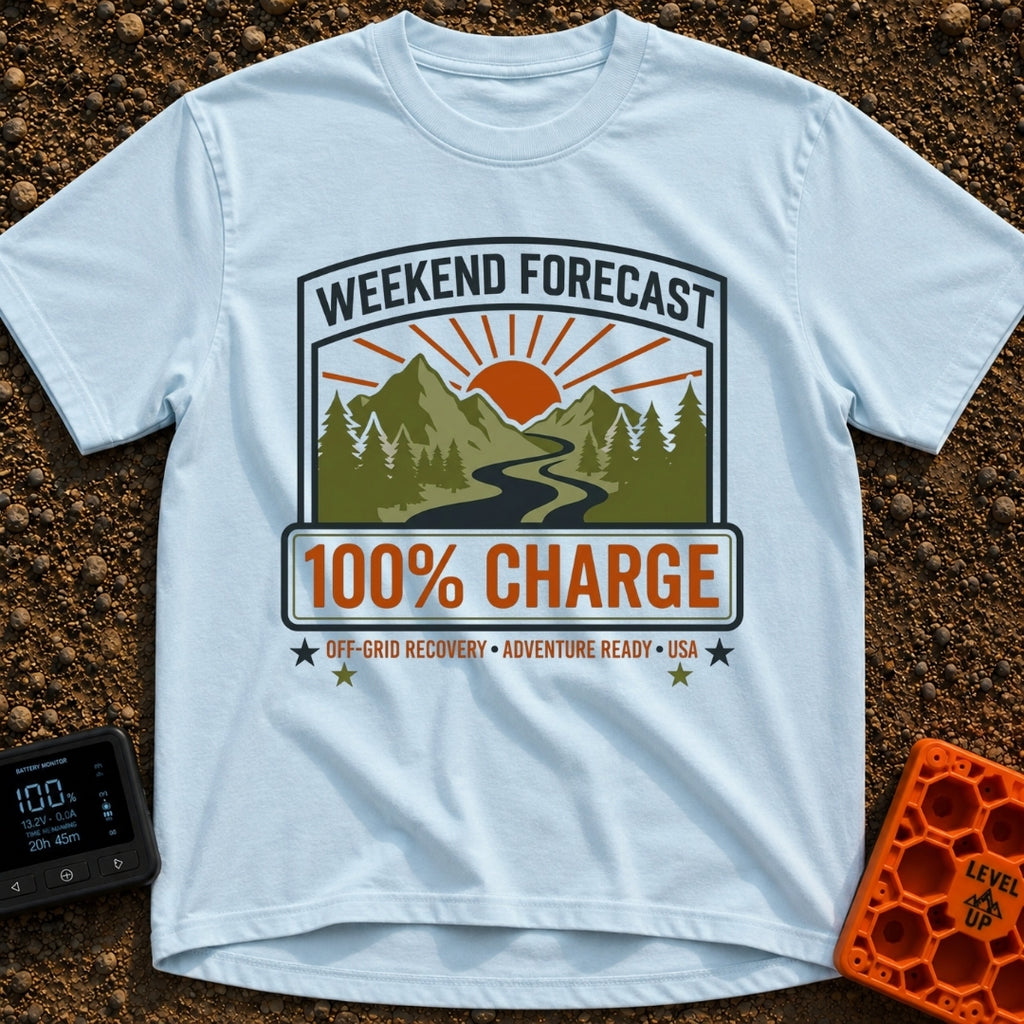 Weekend Forecast Fully Charged - T-Shirt in Chambray - A badge-style graphic showing a bright orange sun setting behind...