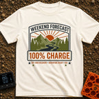 Weekend Forecast Fully Charged - T-Shirt in Ivory - A badge-style graphic showing a bright orange sun setting behind...