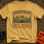 Weekend Forecast Fully Charged - T-Shirt in Mustard - A badge-style graphic showing a bright orange sun setting behind...