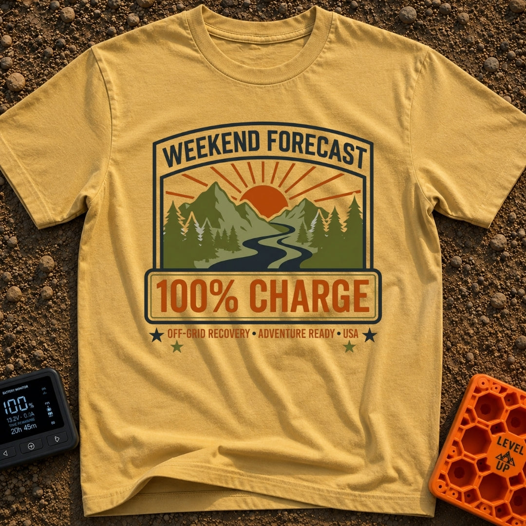 Weekend Forecast Fully Charged - T-Shirt in Mustard - A badge-style graphic showing a bright orange sun setting behind...