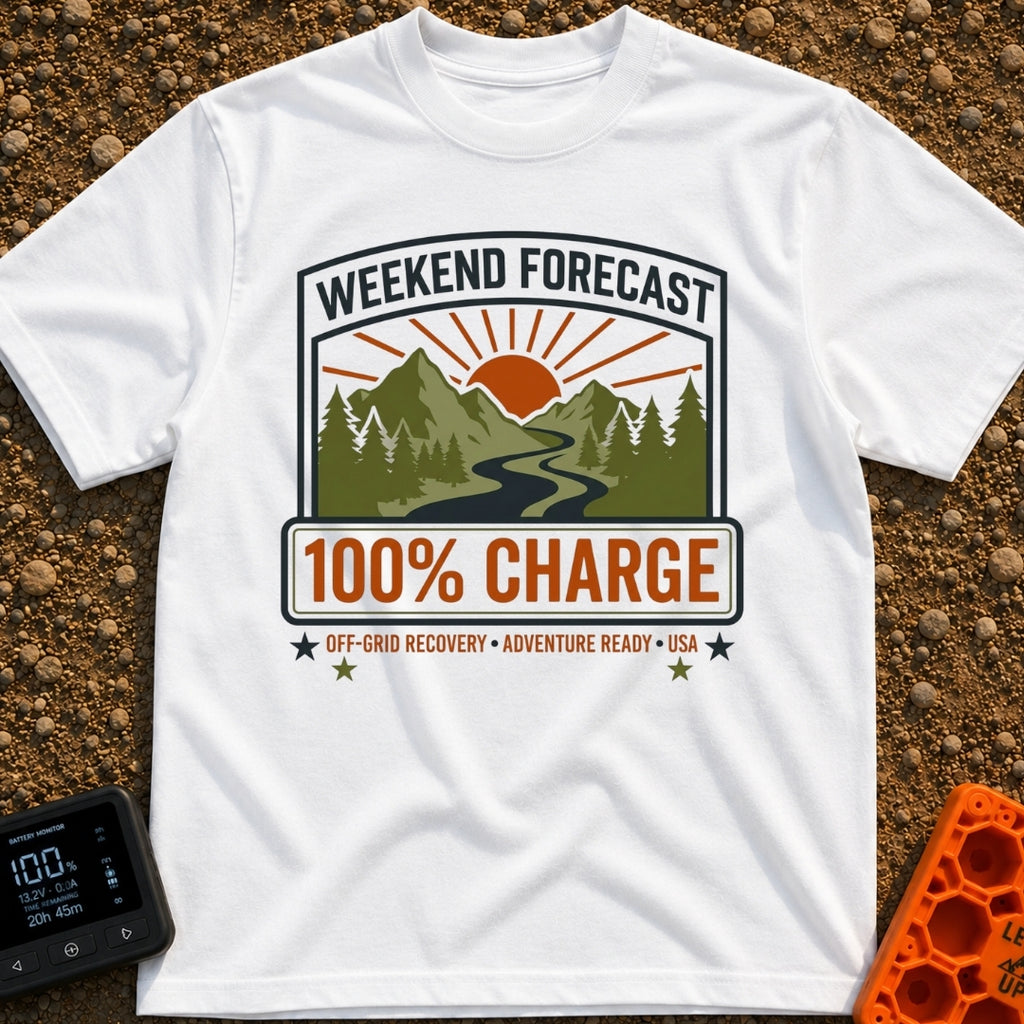 Weekend Forecast Fully Charged - T-Shirt in White - A badge-style graphic showing a bright orange sun setting behind...