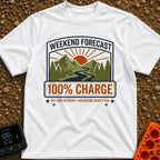 Weekend Forecast Fully Charged - T-Shirt in White - A badge-style graphic showing a bright orange sun setting behind...
