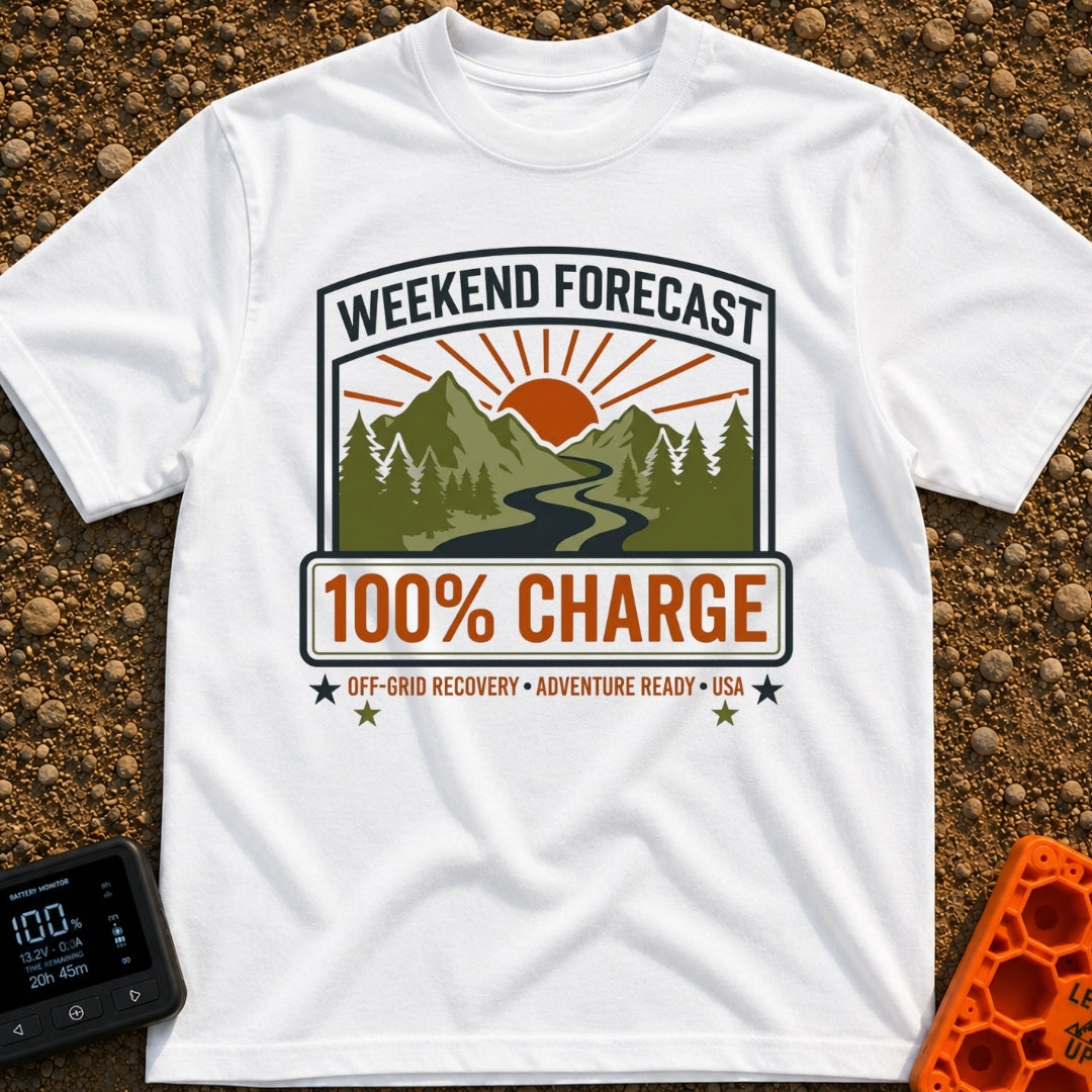 Weekend Forecast Fully Charged - T-Shirt in White - A badge-style graphic showing a bright orange sun setting behind...