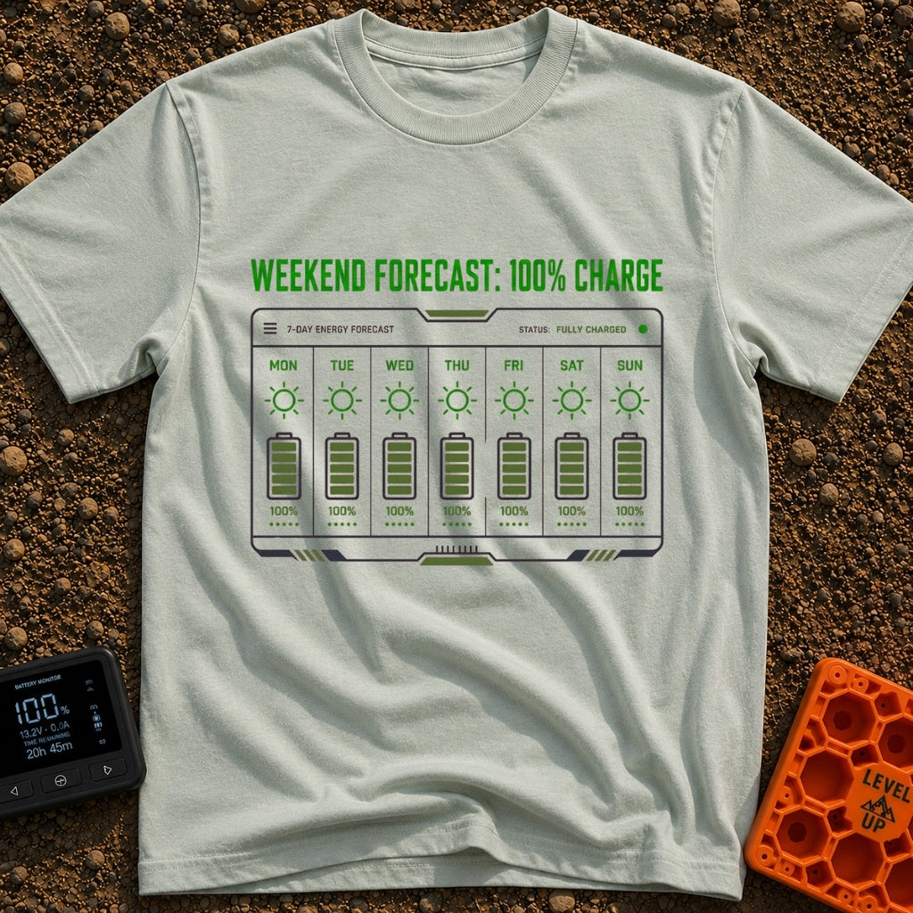 Weekend Forecast Fully Charged - T-Shirt in Bay - A graphic of a digital 7-day forecast interface labeled "7-DAY ENERGY...