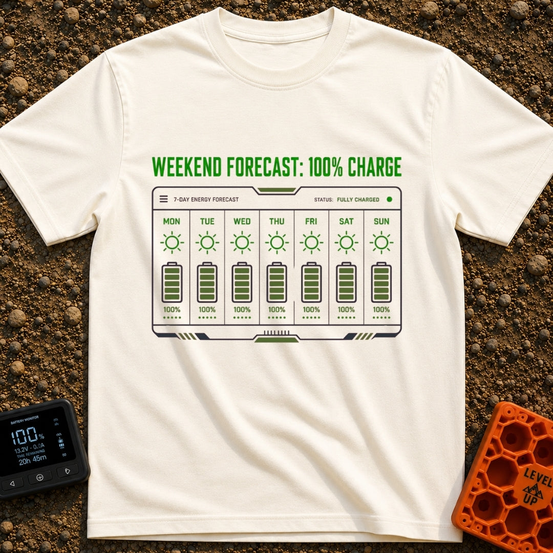 Weekend Forecast Fully Charged - T-Shirt in Ivory - A graphic of a digital 7-day forecast interface labeled "7-DAY ENERGY...