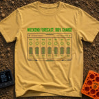 Weekend Forecast Fully Charged - T-Shirt in Mustard - A graphic of a digital 7-day forecast interface labeled "7-DAY...