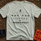 Calling The Weekend Plays - T-Shirt in Bay - A black-and-white graphic styled like a sports play diagram, featuring a row...
