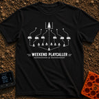 Calling The Weekend Plays - T-Shirt in Black - A black-and-white graphic styled like a sports play diagram, featuring a...