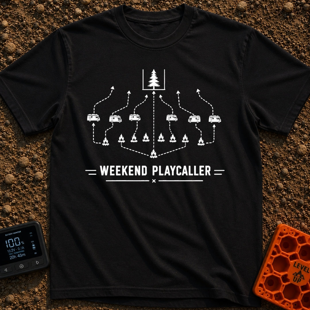 Calling The Weekend Plays - T-Shirt in Black - A black-and-white graphic styled like a sports play diagram, featuring a...
