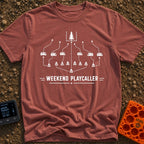 Calling The Weekend Plays - T-Shirt in Brick - A black-and-white graphic styled like a sports play diagram, featuring a...