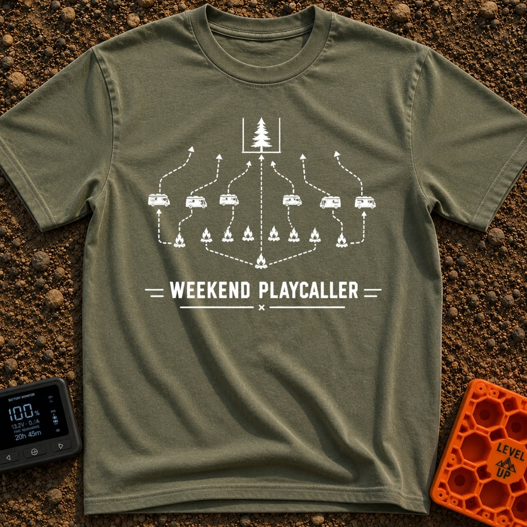 Calling The Weekend Plays - T-Shirt in Moss - A black-and-white graphic styled like a sports play diagram, featuring a...