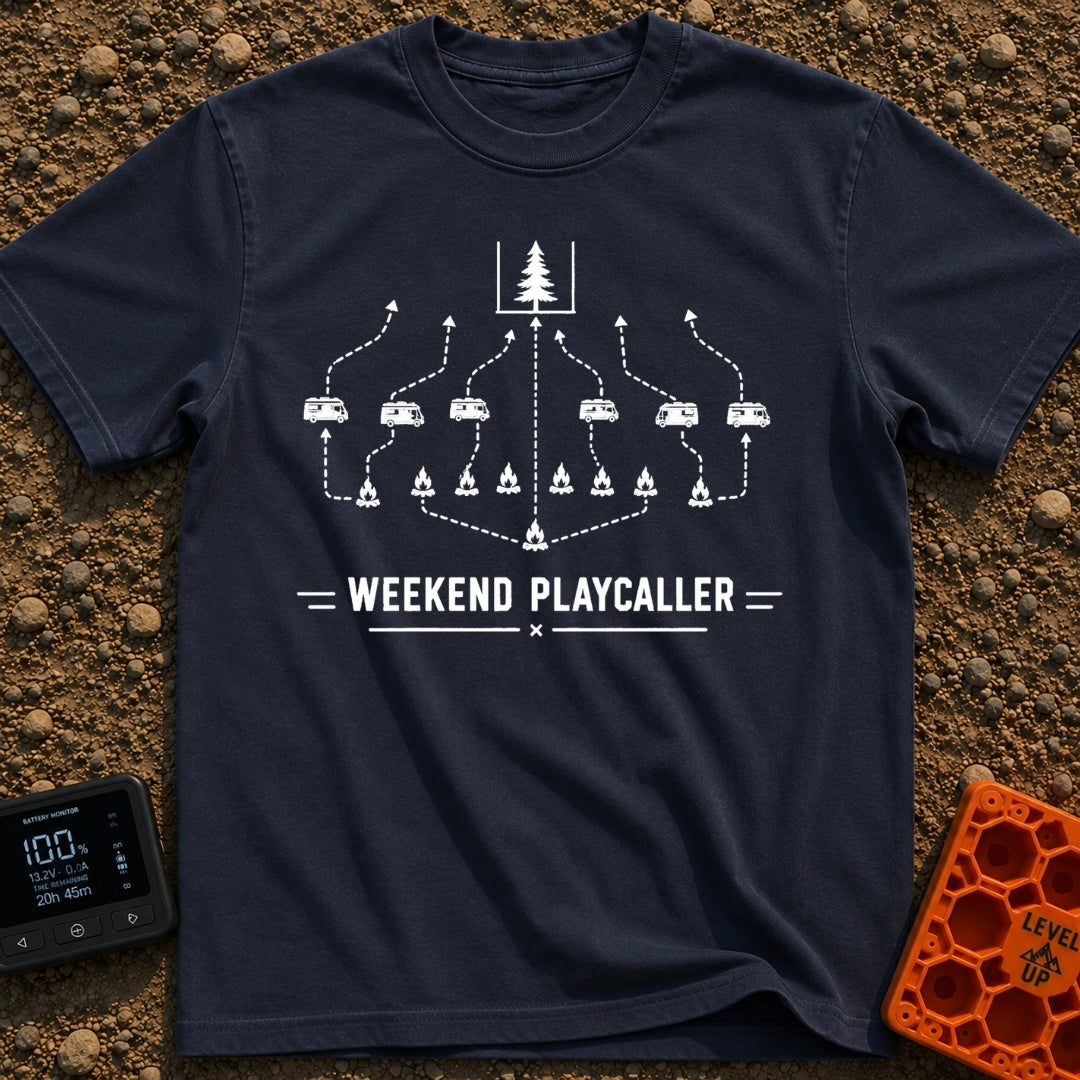 Calling The Weekend Plays - T-Shirt in Navy - A black-and-white graphic styled like a sports play diagram, featuring a...