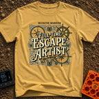 Full Time Escape Artist - T-Shirt in Mustard - A vintage-style typographic design reading "WEEKEND WARRIOR" and...