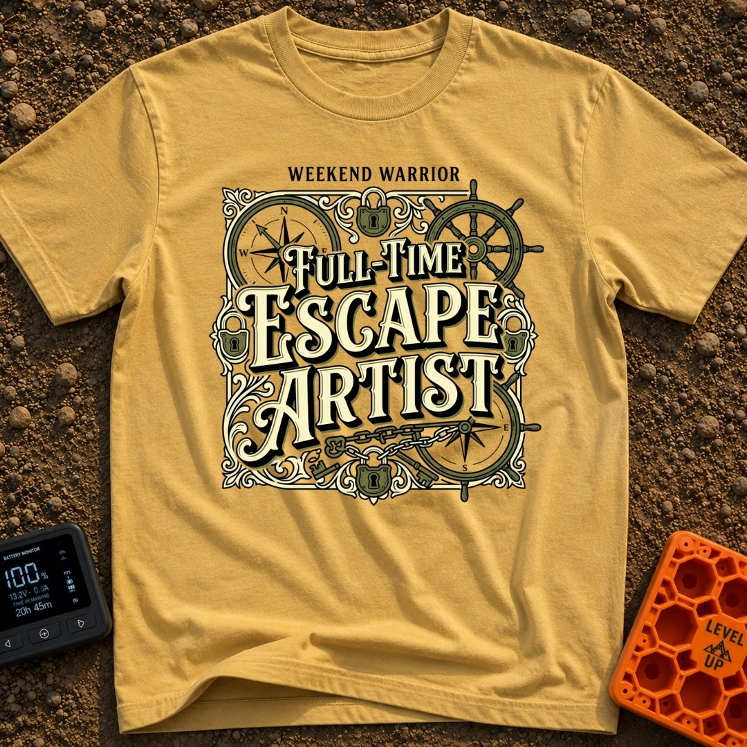 Full Time Escape Artist - T-Shirt in Mustard - A vintage-style typographic design reading "WEEKEND WARRIOR" and...