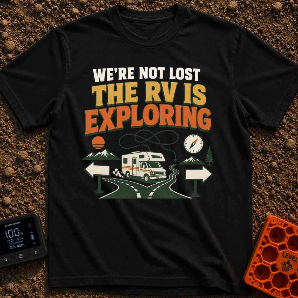 Not Lost Just Exploring - T-Shirt in Black - A Class C motorhome approaches a fork in a paved road with blank directional...