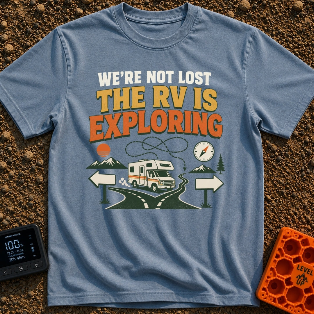 Not Lost Just Exploring - T-Shirt in Blue Jean - A Class C motorhome approaches a fork in a paved road with blank...