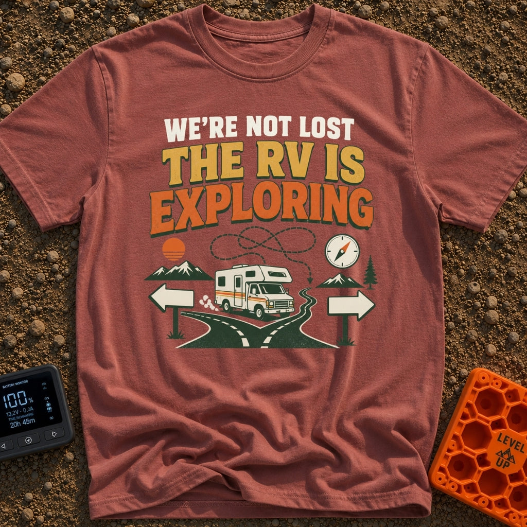 Not Lost Just Exploring - T-Shirt in Brick - A Class C motorhome approaches a fork in a paved road with blank directional...