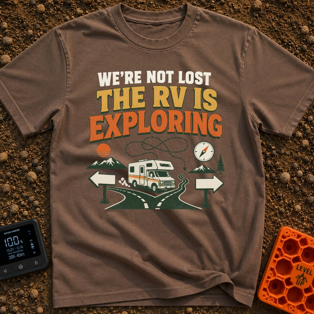 Not Lost Just Exploring - T-Shirt in Espresso - A Class C motorhome approaches a fork in a paved road with blank...