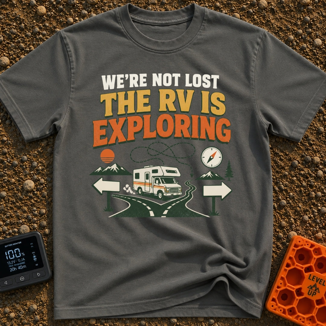 Not Lost Just Exploring - T-Shirt in Pepper - A Class C motorhome approaches a fork in a paved road with blank...