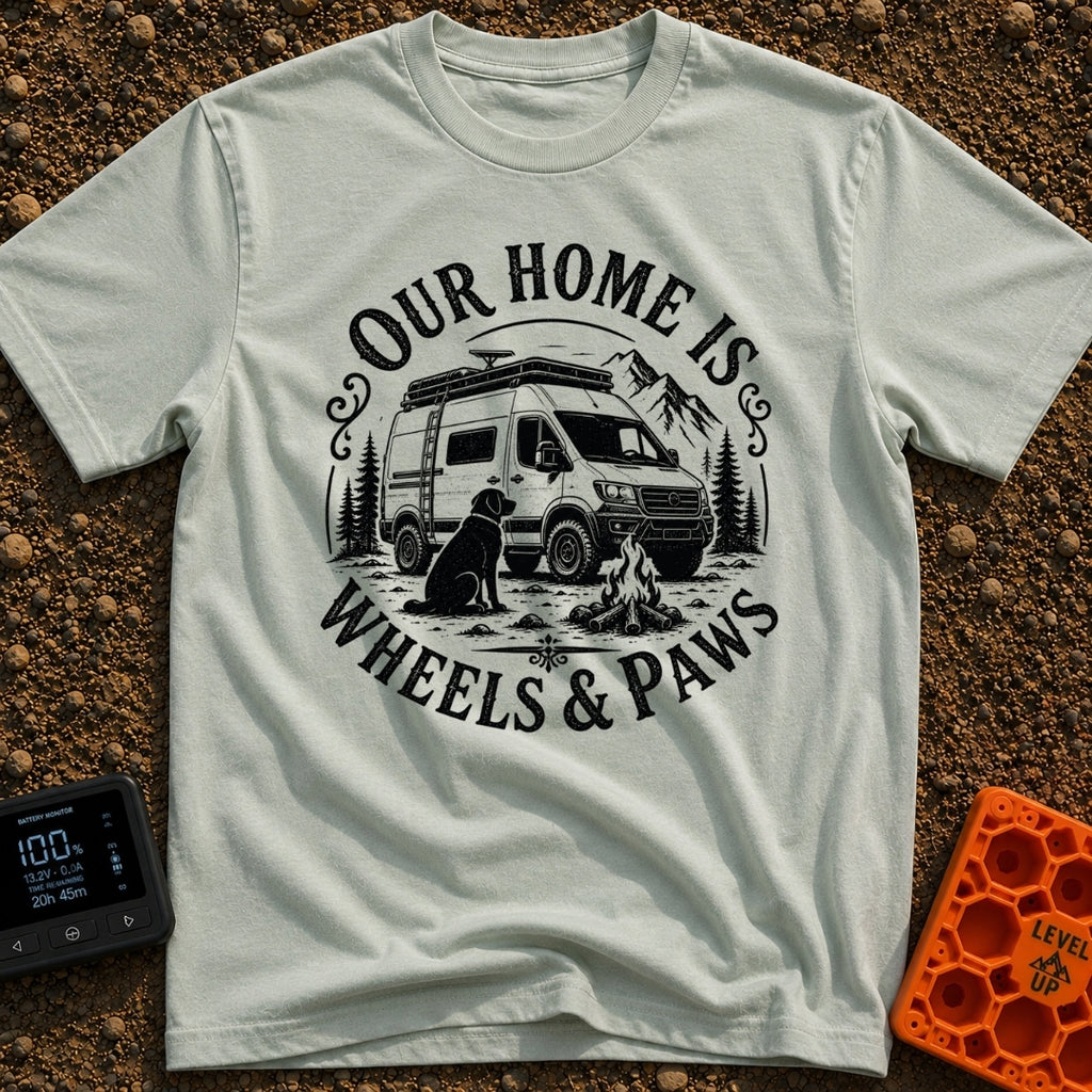 Wags On Wheels - T-Shirt in Bay - A black and white circular illustration of a rugged camper van parked in front of...