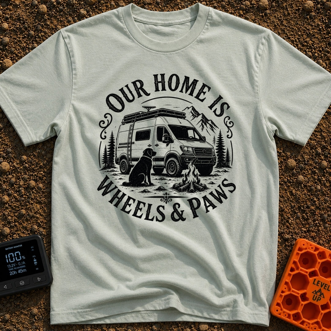 Wags On Wheels - T-Shirt in Bay - A black and white circular illustration of a rugged camper van parked in front of...