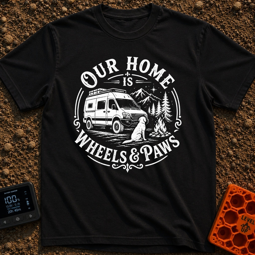 Wags On Wheels - T-Shirt in Black - A black and white circular illustration of a rugged camper van parked in front of...