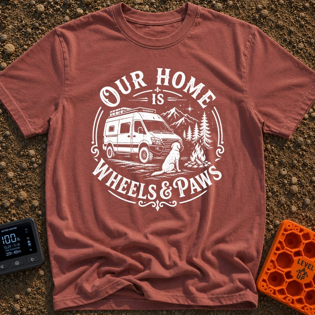Wags On Wheels - T-Shirt in Brick - A black and white circular illustration of a rugged camper van parked in front of...