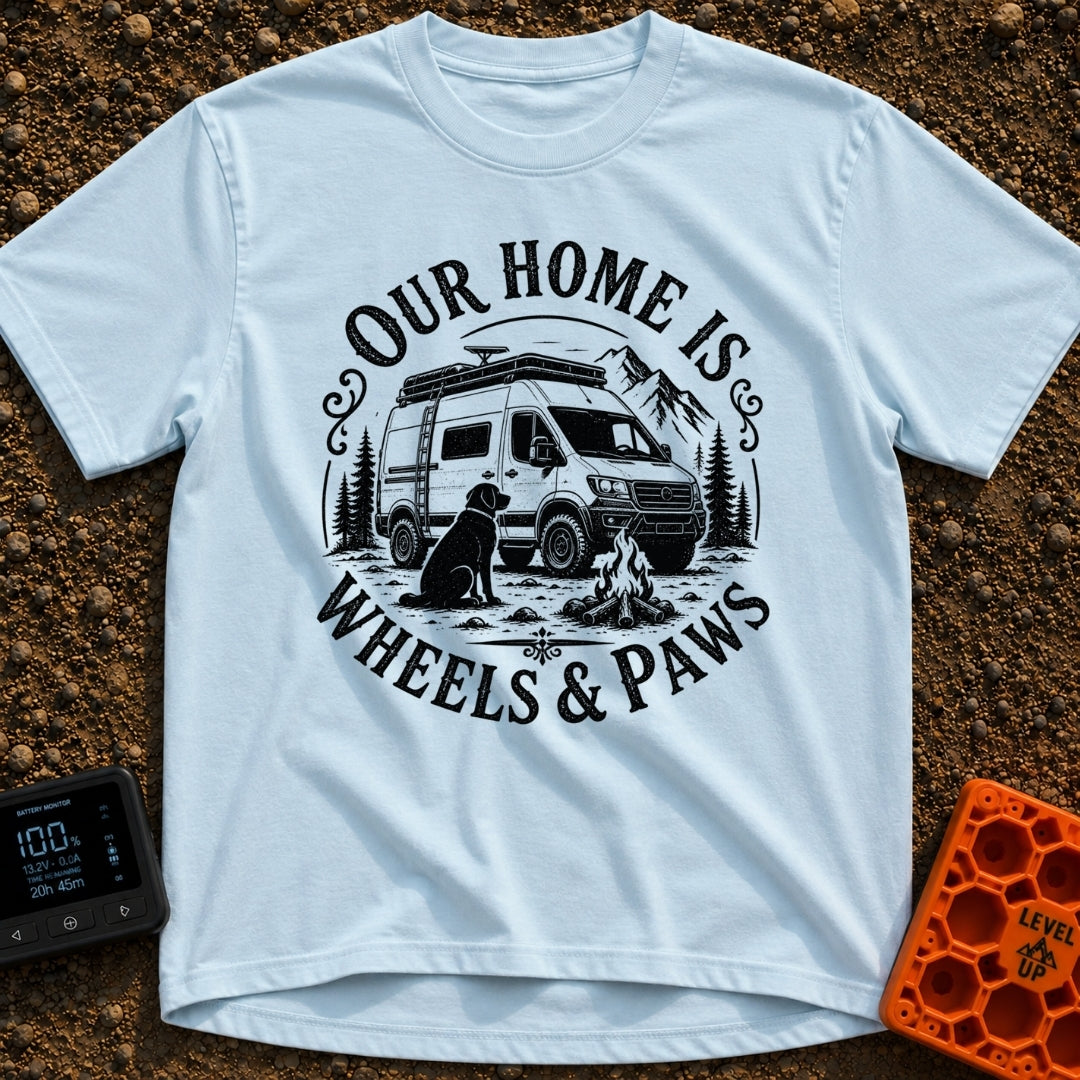 Wags On Wheels - T-Shirt in Chambray - A black and white circular illustration of a rugged camper van parked in front of...