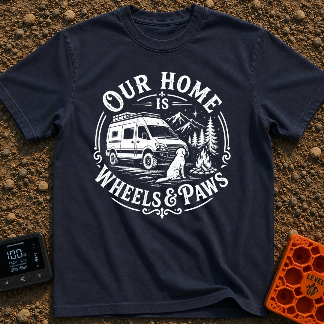 Wags On Wheels - T-Shirt in Navy - A black and white circular illustration of a rugged camper van parked in front of...