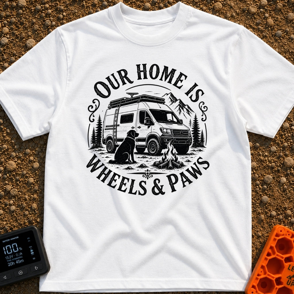Wags On Wheels - T-Shirt in White - A black and white circular illustration of a rugged camper van parked in front of...