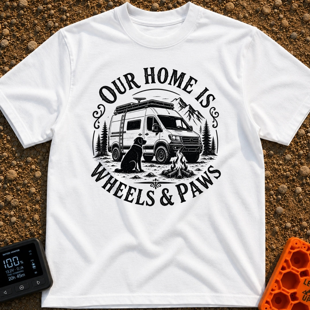 Wags On Wheels - T-Shirt in White - A black and white circular illustration of a rugged camper van parked in front of...