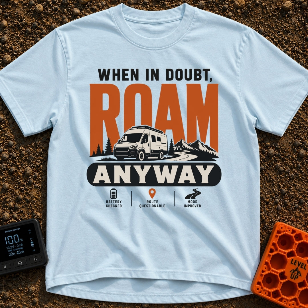 When In Doubt Roam - T-Shirt in Chambray - A graphic featuring the text "WHEN IN DOUBT, ROAM ANYWAY" with a white camper...