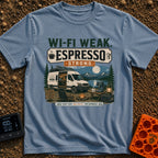Low Signal High Caffeine - T-Shirt in Blue Jean - A white camper van with solar panels on its roof is parked at a...