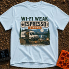 Low Signal High Caffeine - T-Shirt in Chambray - A white camper van with solar panels on its roof is parked at a...