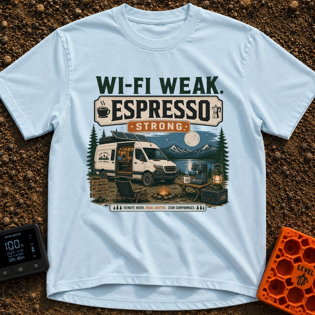 Low Signal High Caffeine - T-Shirt in Chambray - A white camper van with solar panels on its roof is parked at a...