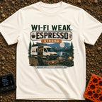 Low Signal High Caffeine - T-Shirt in Ivory - A white camper van with solar panels on its roof is parked at a nighttime...