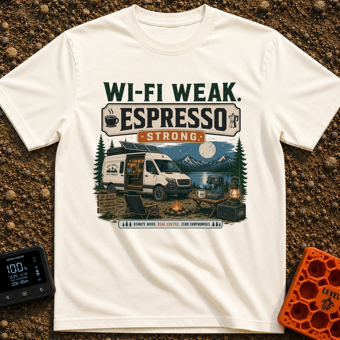 Low Signal High Caffeine - T-Shirt in Ivory - A white camper van with solar panels on its roof is parked at a nighttime...