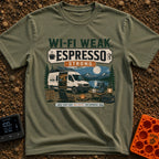 Low Signal High Caffeine - T-Shirt in Moss - A white camper van with solar panels on its roof is parked at a nighttime...