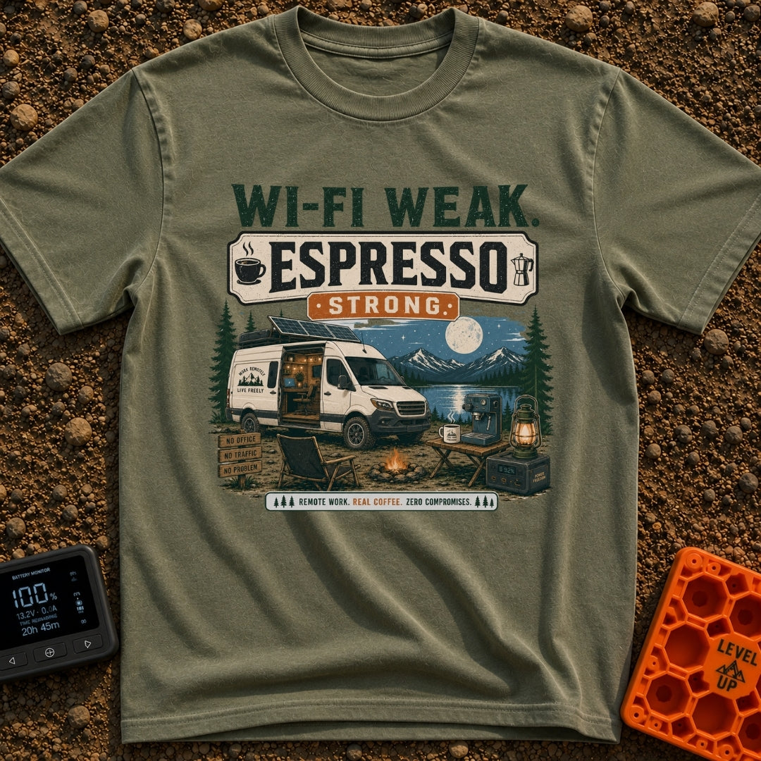 Low Signal High Caffeine - T-Shirt in Moss - A white camper van with solar panels on its roof is parked at a nighttime...
